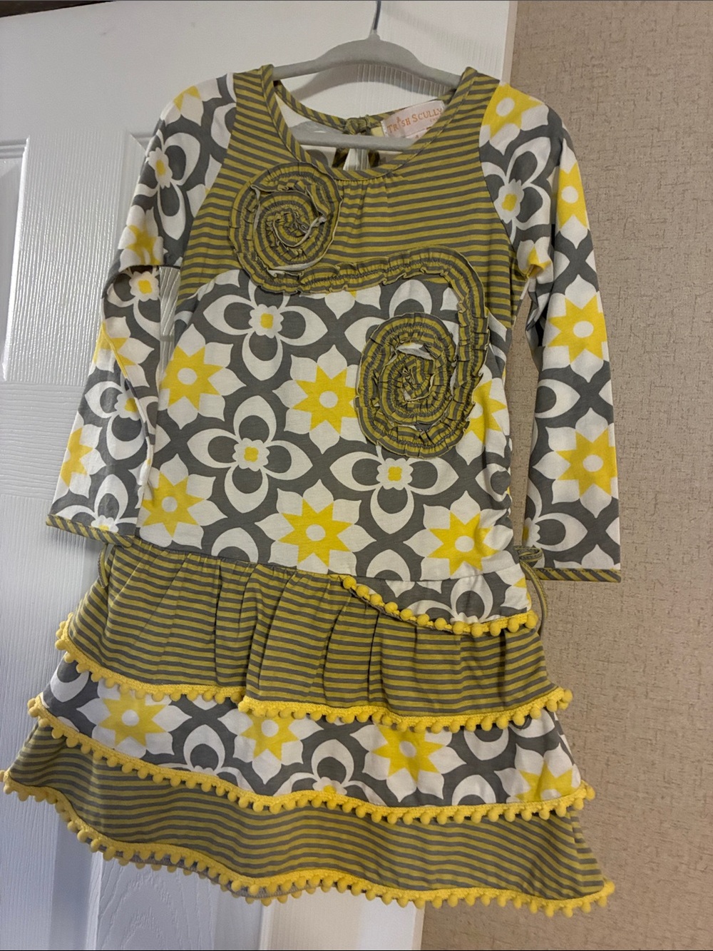 Girls Yellow and Gray Floral Tiered Ruffle Dress